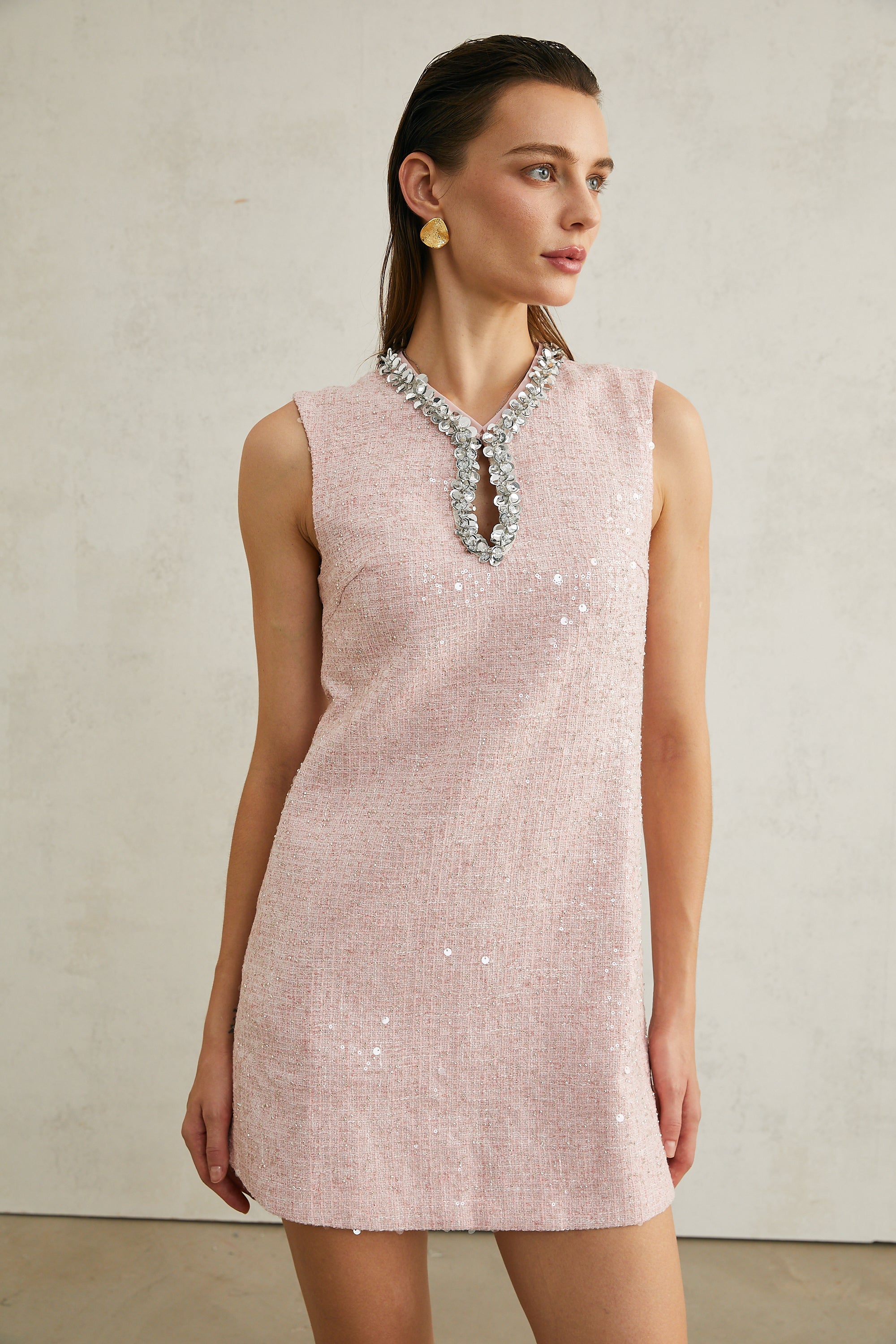 Avellia Arantxa Blush Sequin Tweed Mini Dress