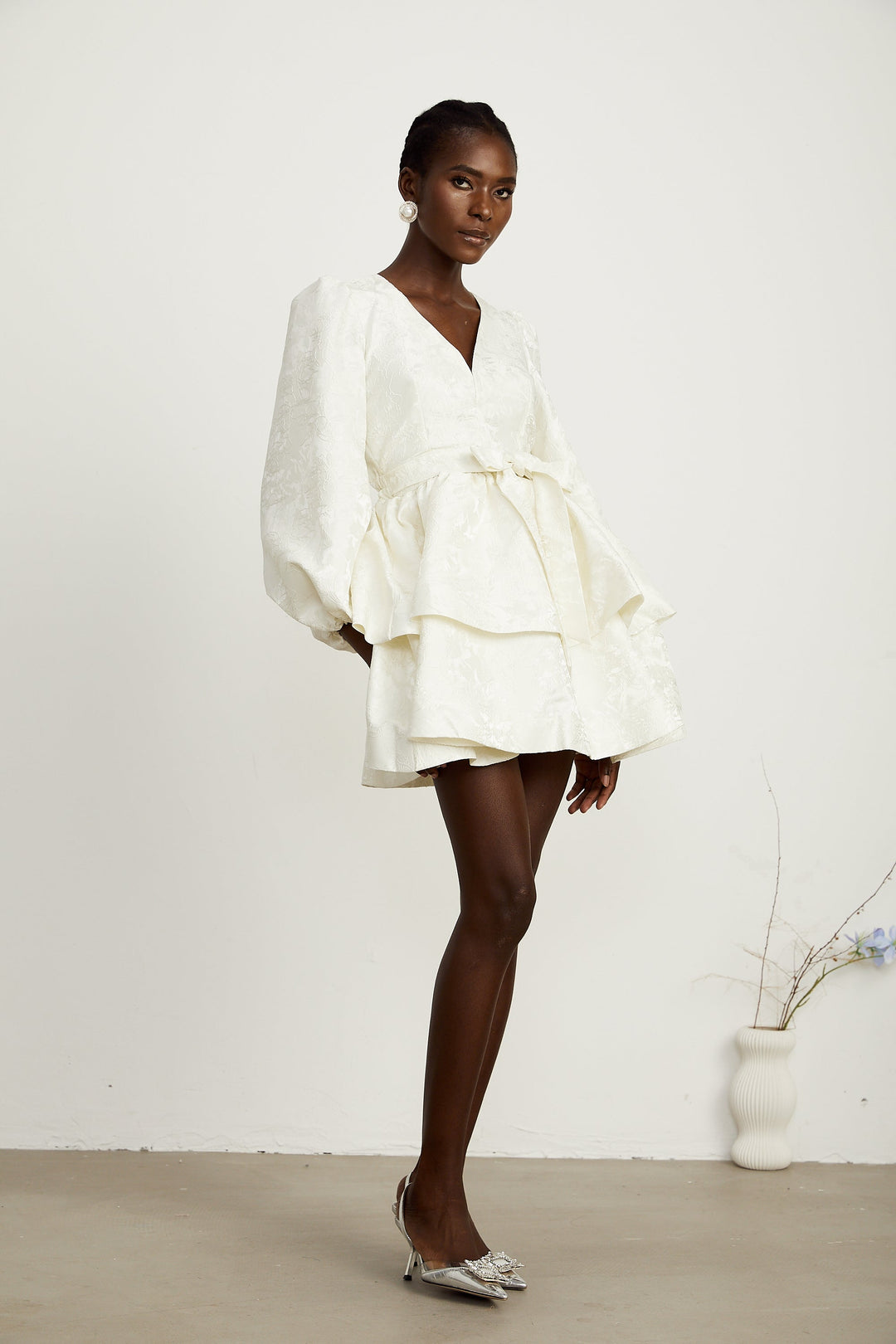 Avellia Bianca Jacquard Tiered Mini Dress