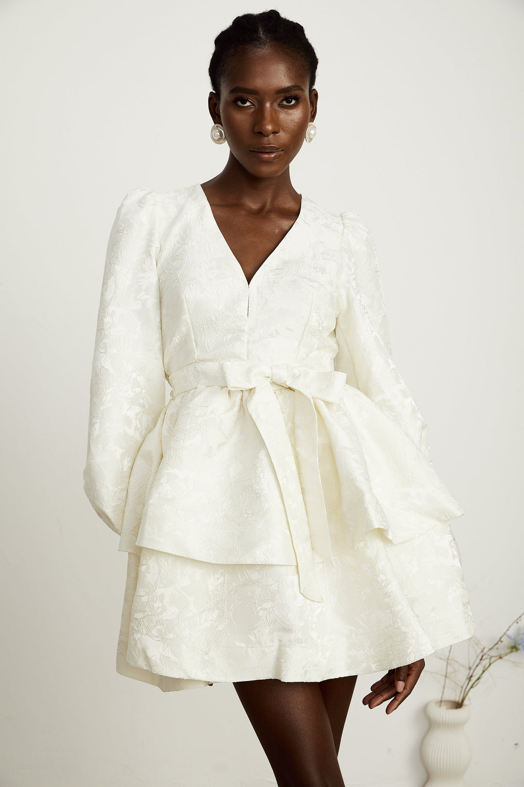 Avellia Bianca Jacquard Tiered Mini Dress