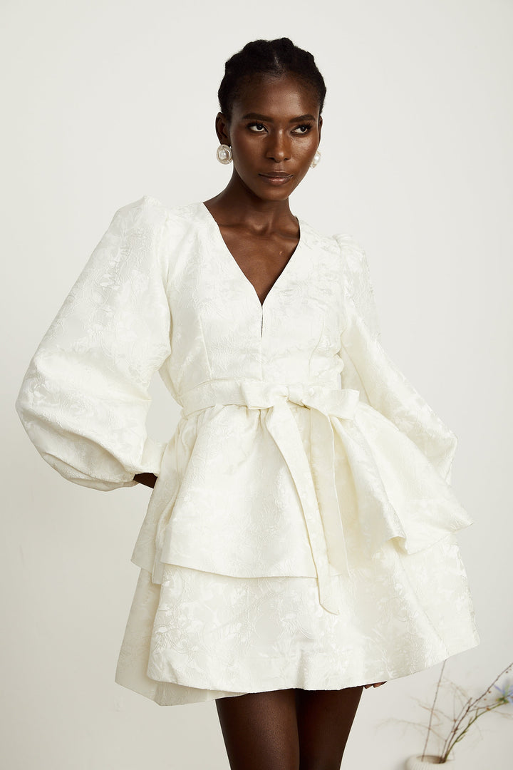 Avellia Bianca Jacquard Tiered Mini Dress