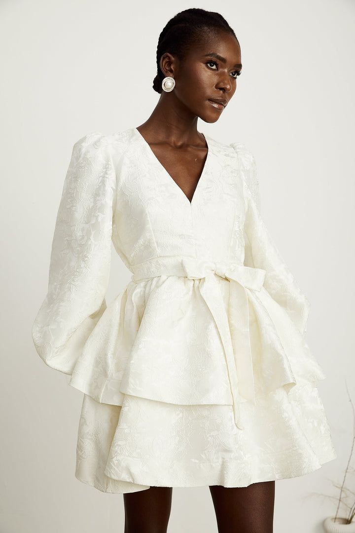 Avellia Bianca Jacquard Tiered Mini Dress