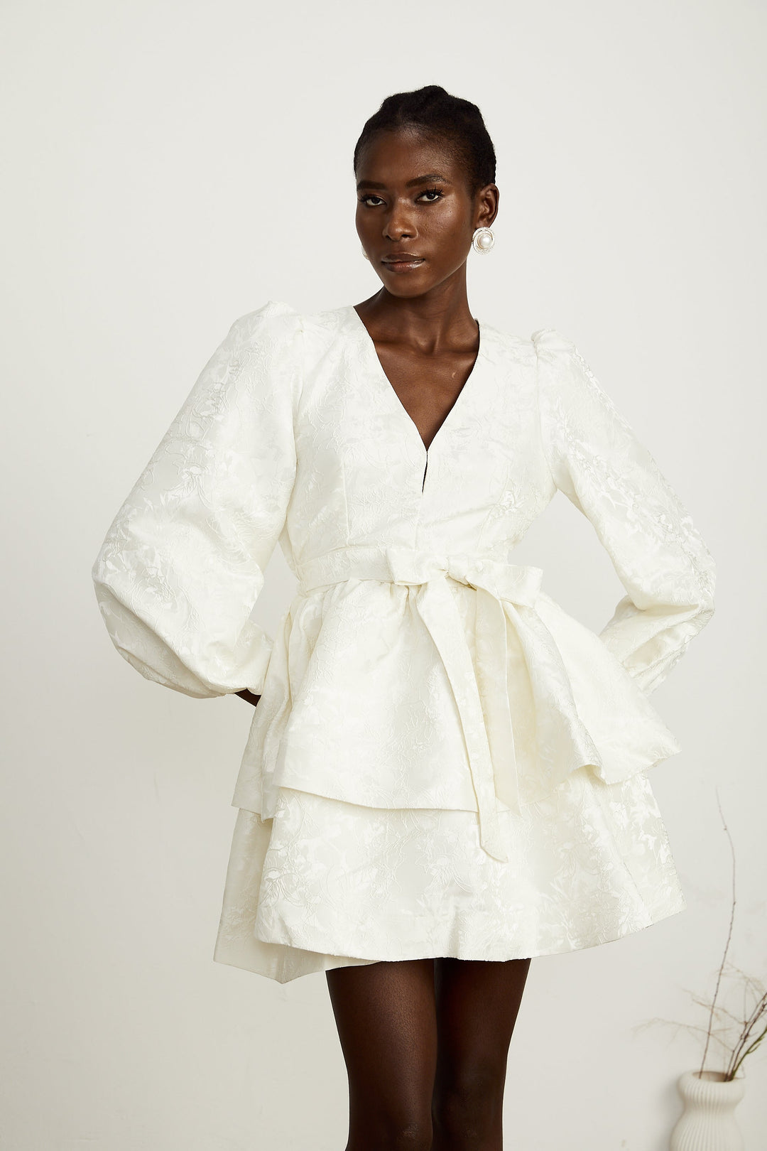 Avellia Bianca Jacquard Tiered Mini Dress