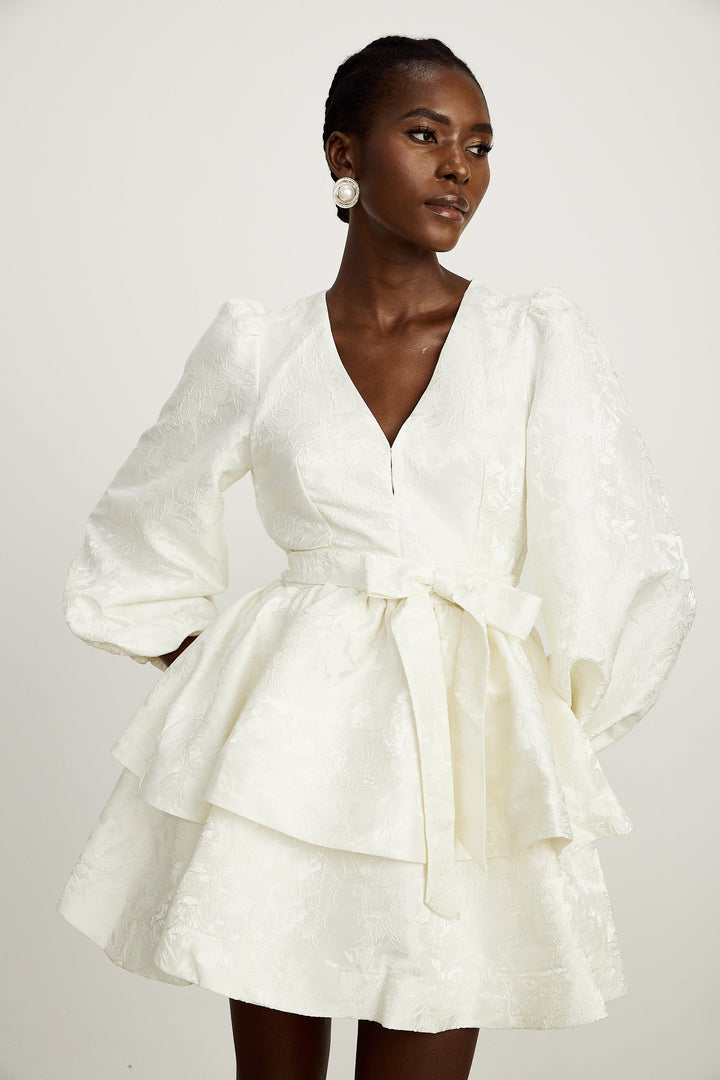 Avellia Bianca Jacquard Tiered Mini Dress