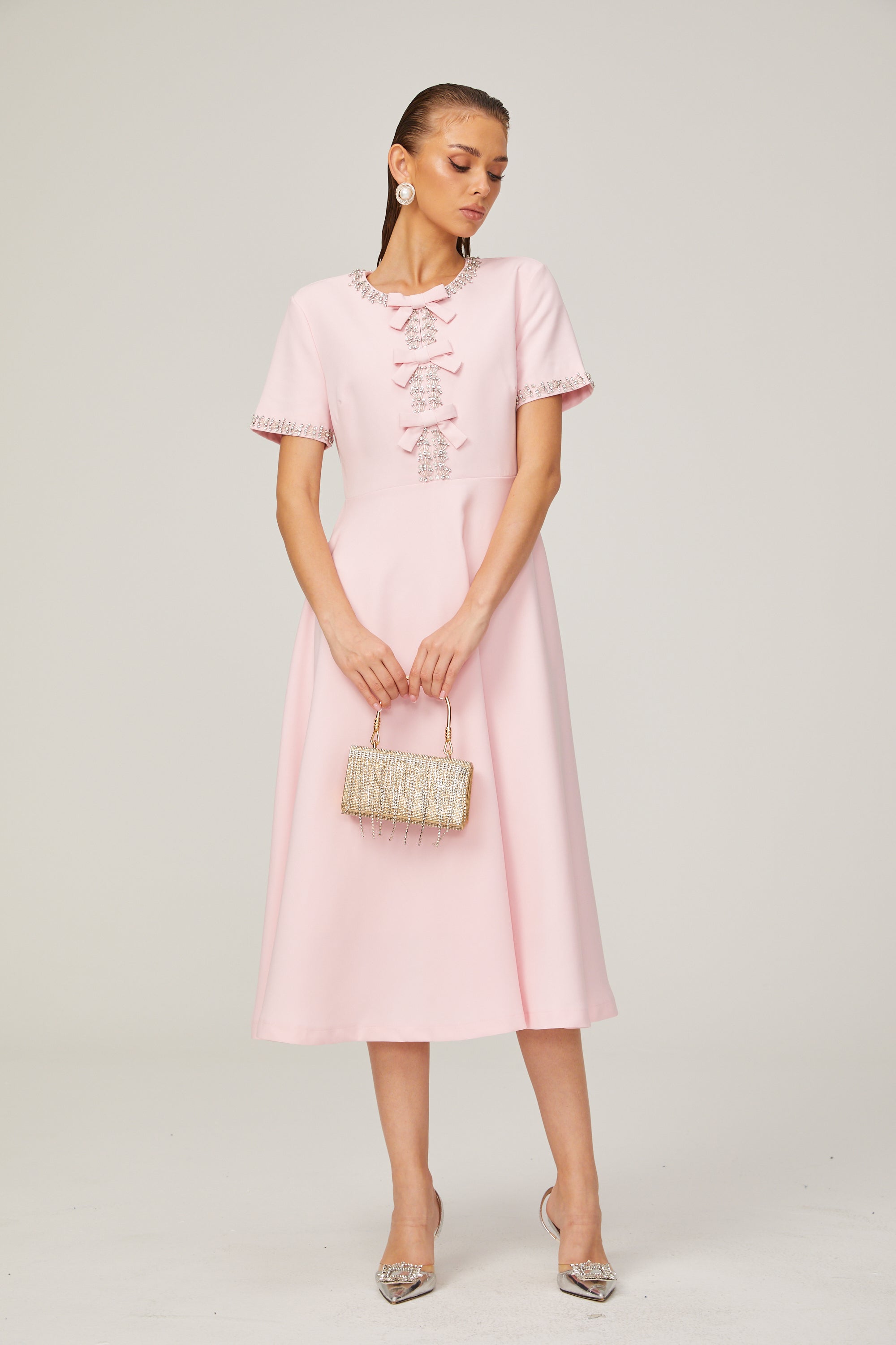 Avellia Cassiopeia Blush Crystal Bow Midi Dress