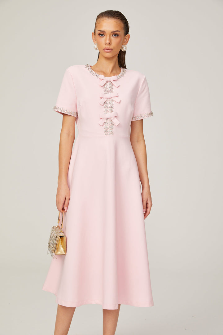 Avellia Cassiopeia Blush Crystal Bow Midi Dress