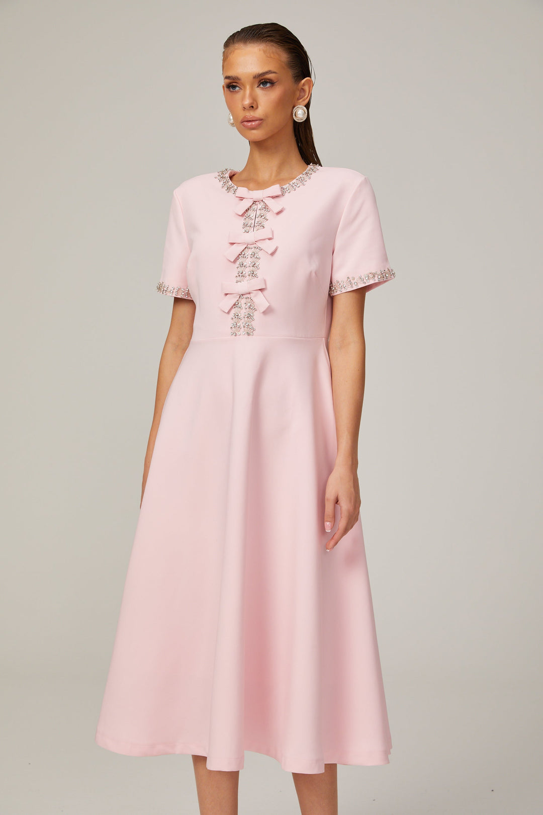 Avellia Cassiopeia Blush Crystal Bow Midi Dress