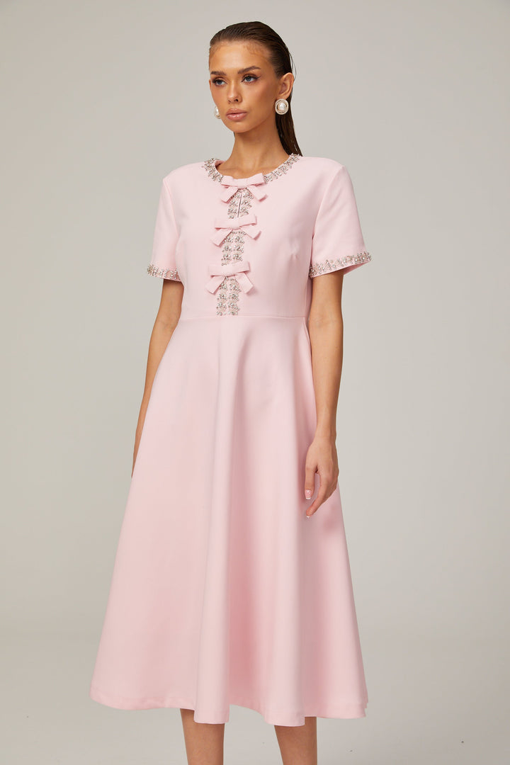 Avellia Cassiopeia Blush Crystal Bow Midi Dress