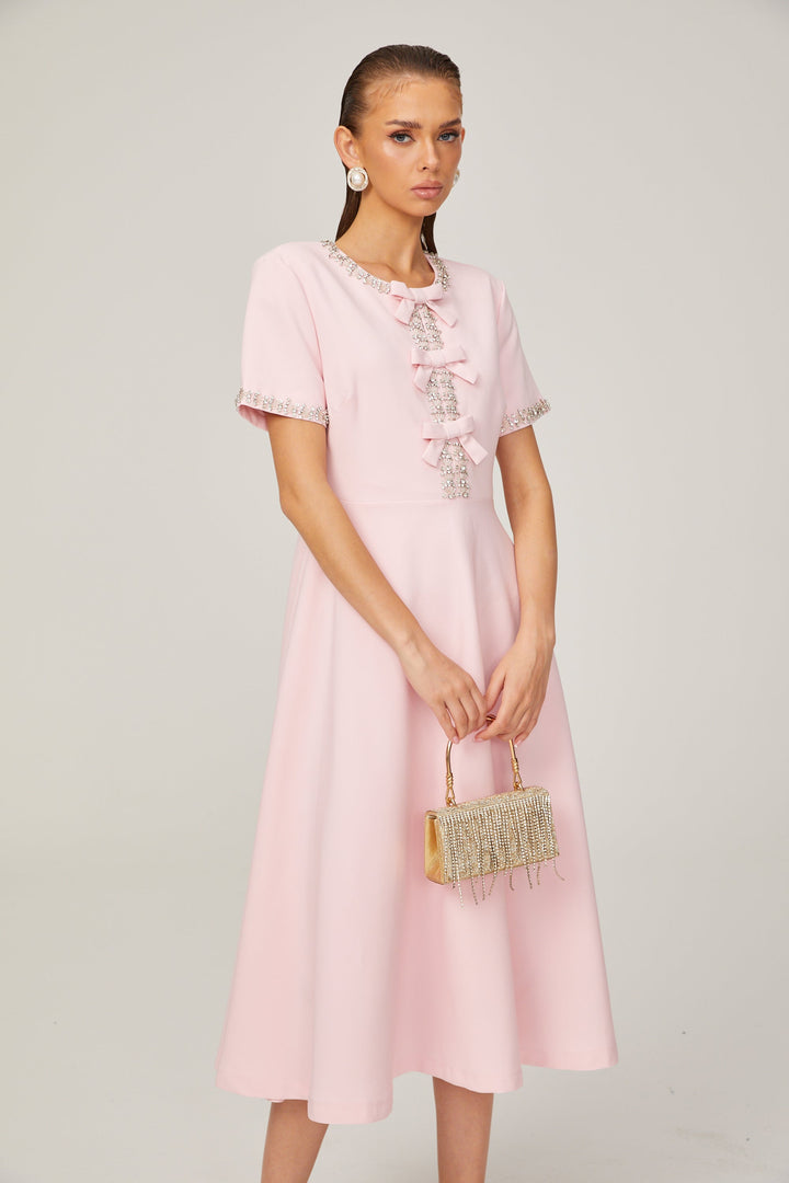 Avellia Cassiopeia Blush Crystal Bow Midi Dress