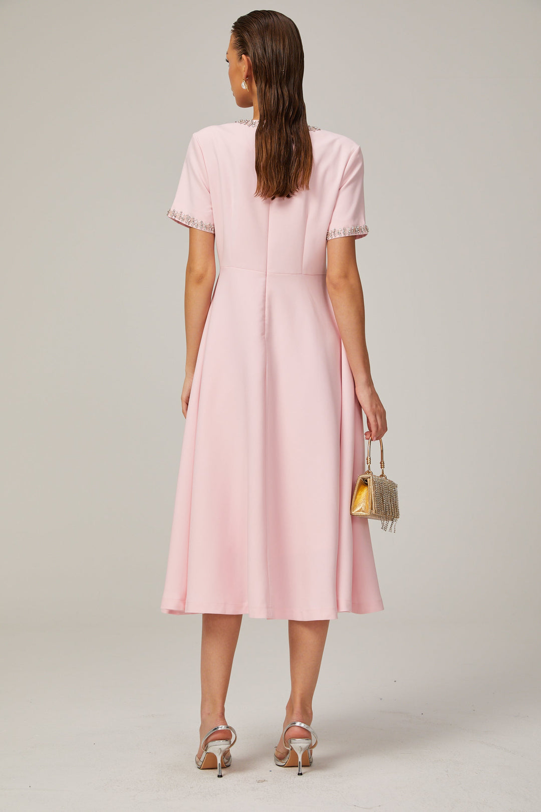 Avellia Cassiopeia Blush Crystal Bow Midi Dress