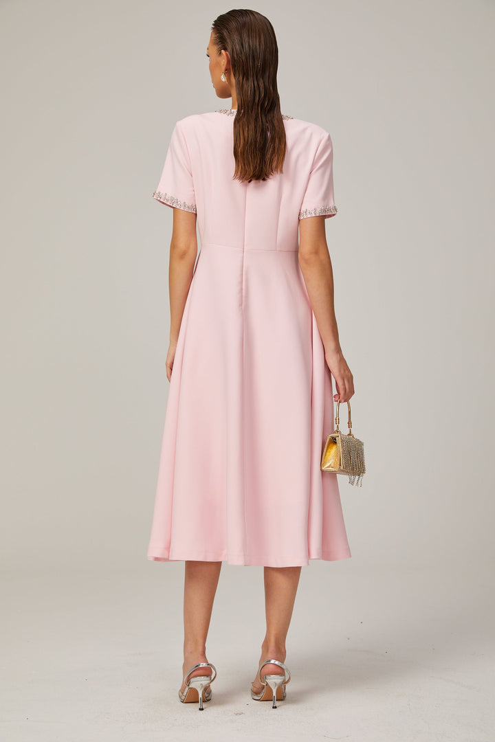 Avellia Cassiopeia Blush Crystal Bow Midi Dress