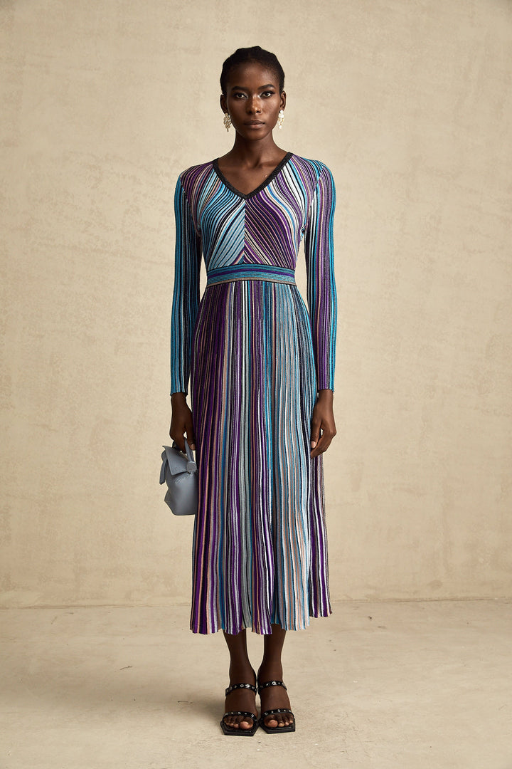 Avellia Mathilde Azure Metallic Pleated Dress