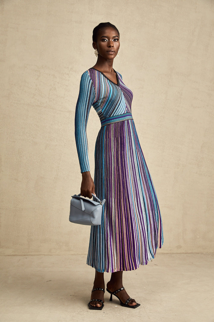 Avellia Mathilde Azure Metallic Pleated Dress