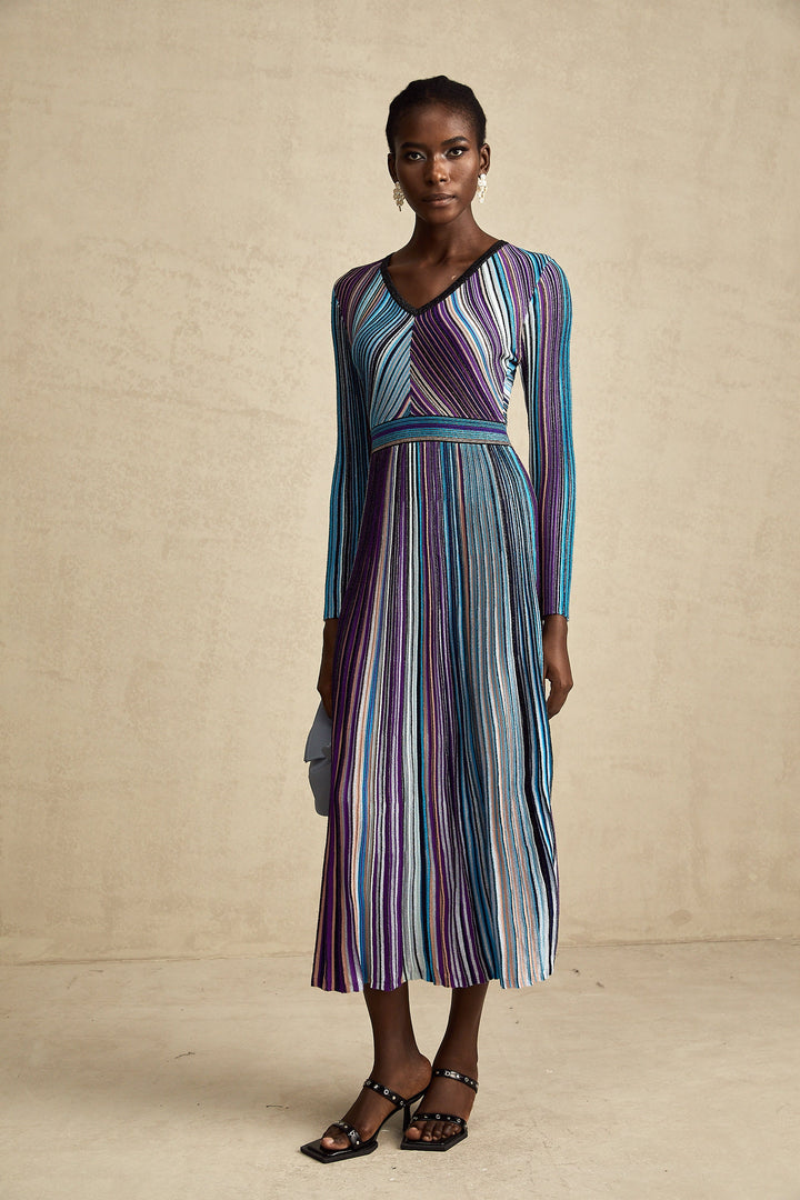 Avellia Mathilde Azure Metallic Pleated Dress