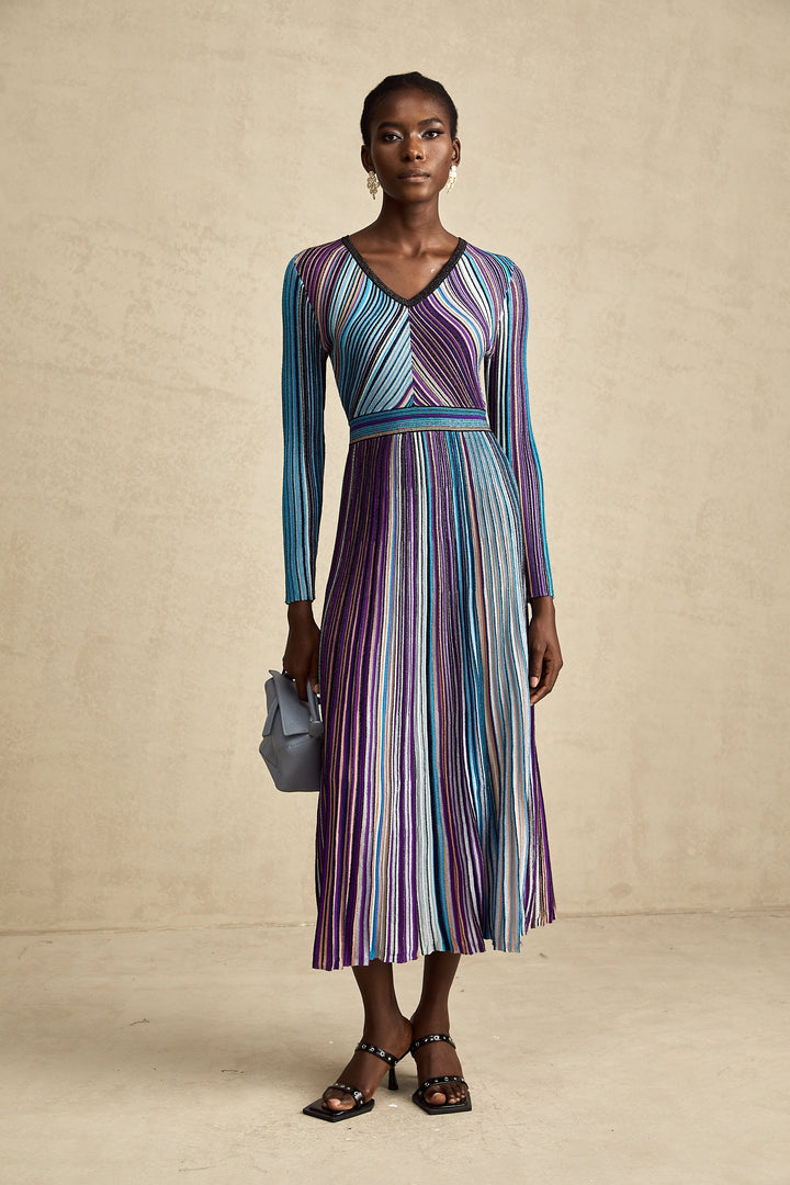 Avellia Mathilde Azure Metallic Pleated Dress
