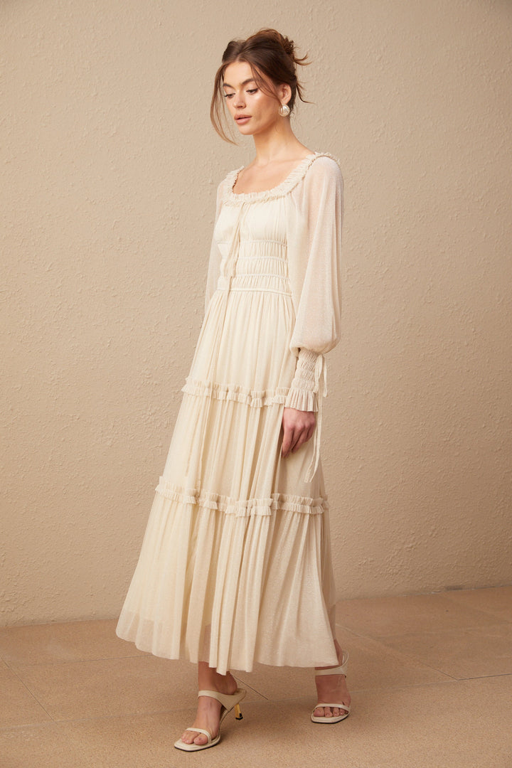 Avellia Camille Metallic Pleated Midi Dress