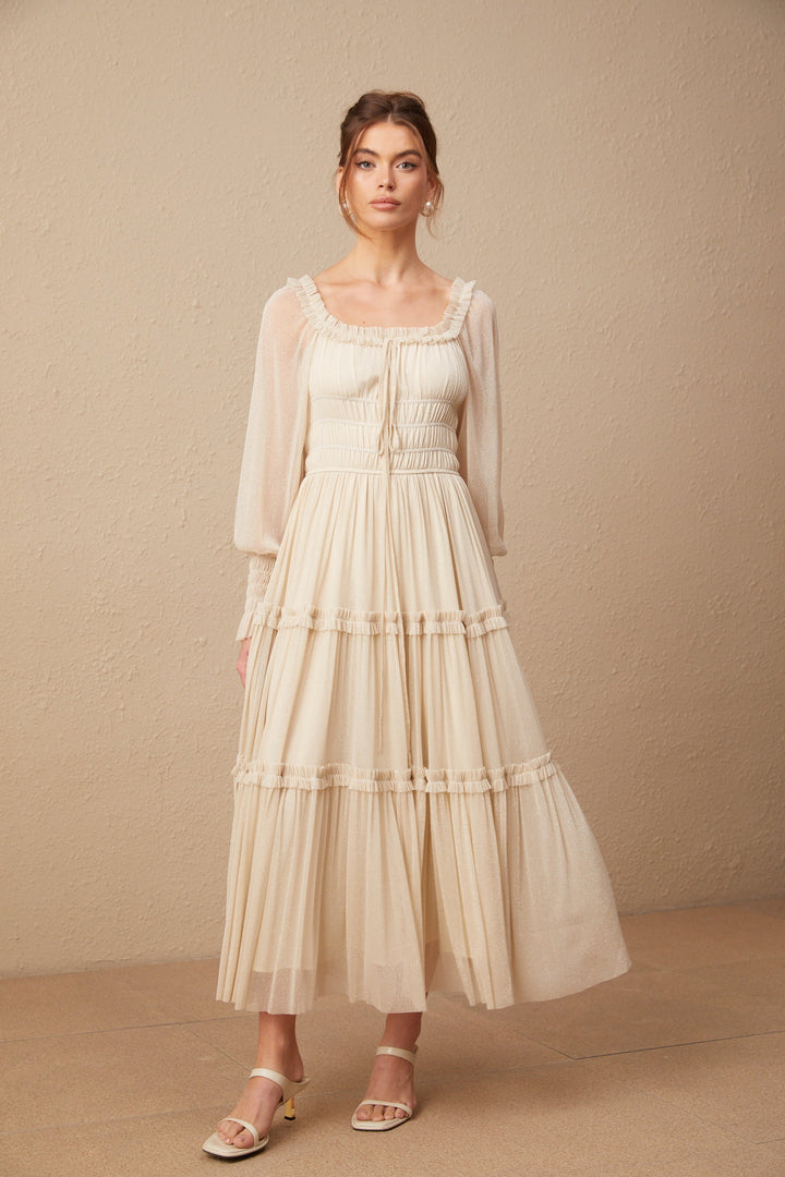 Avellia Camille Metallic Pleated Midi Dress