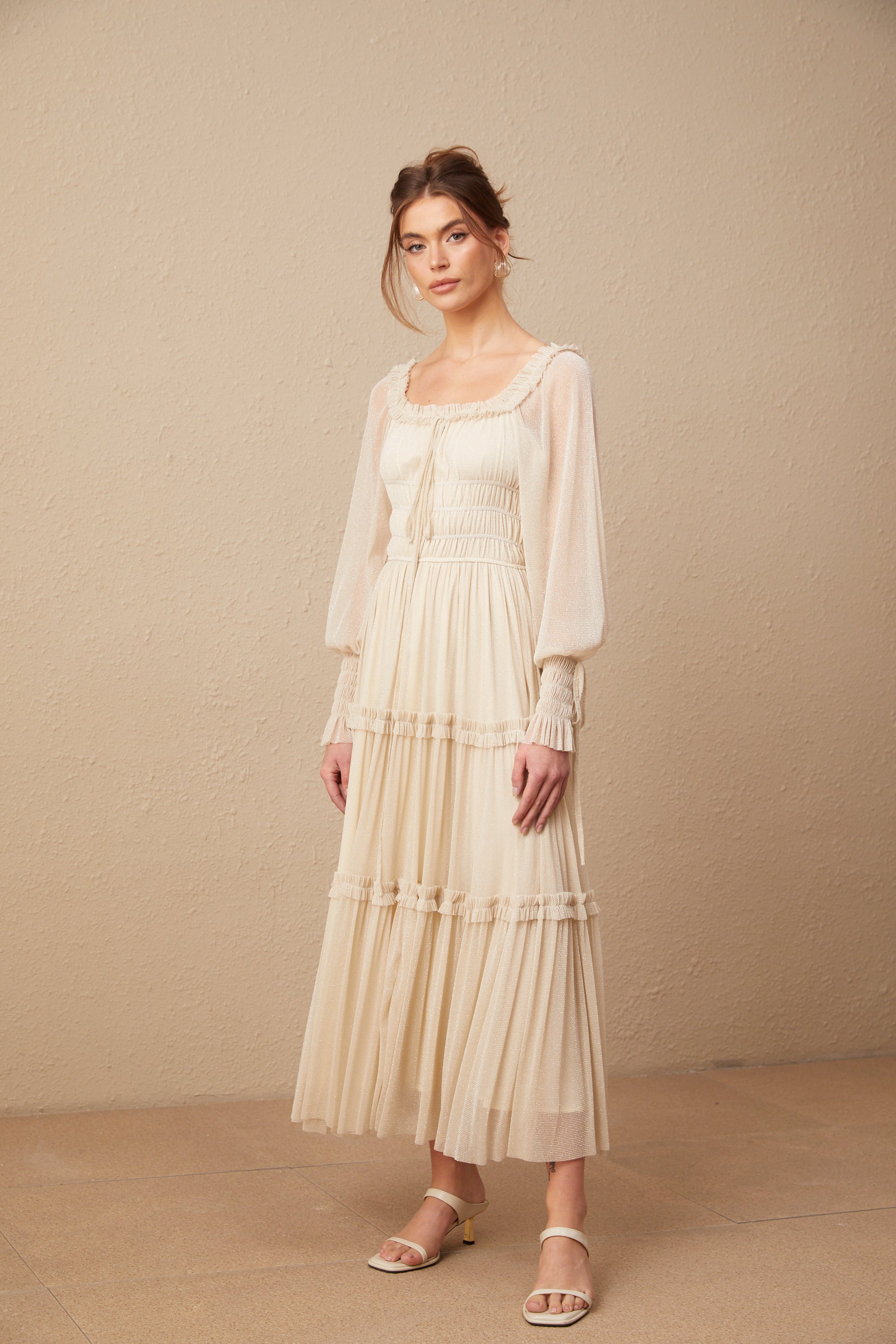 Avellia Camille Metallic Pleated Midi Dress