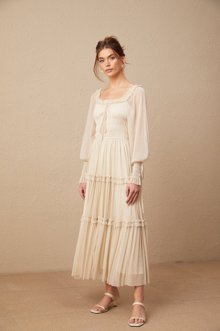 Avellia Camille Metallic Pleated Midi Dress