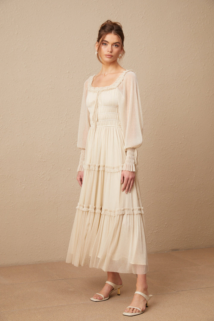 Avellia Camille Metallic Pleated Midi Dress