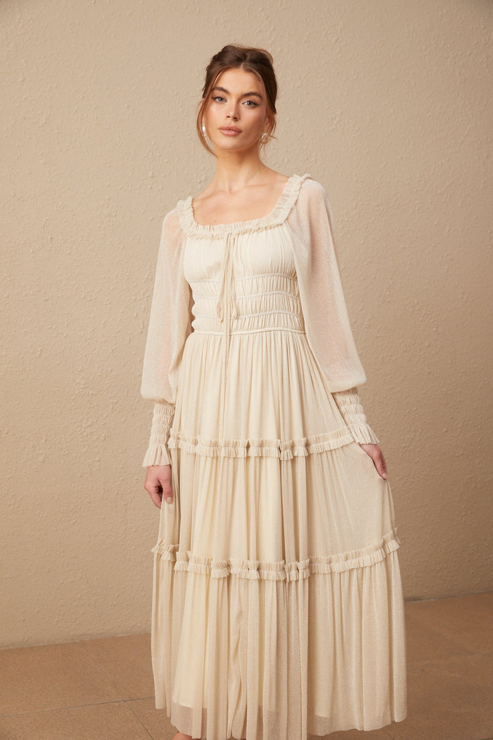 Avellia Camille Metallic Pleated Midi Dress