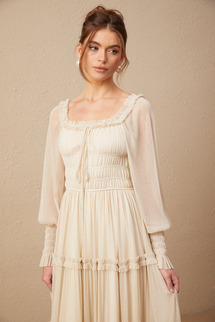 Avellia Camille Metallic Pleated Midi Dress