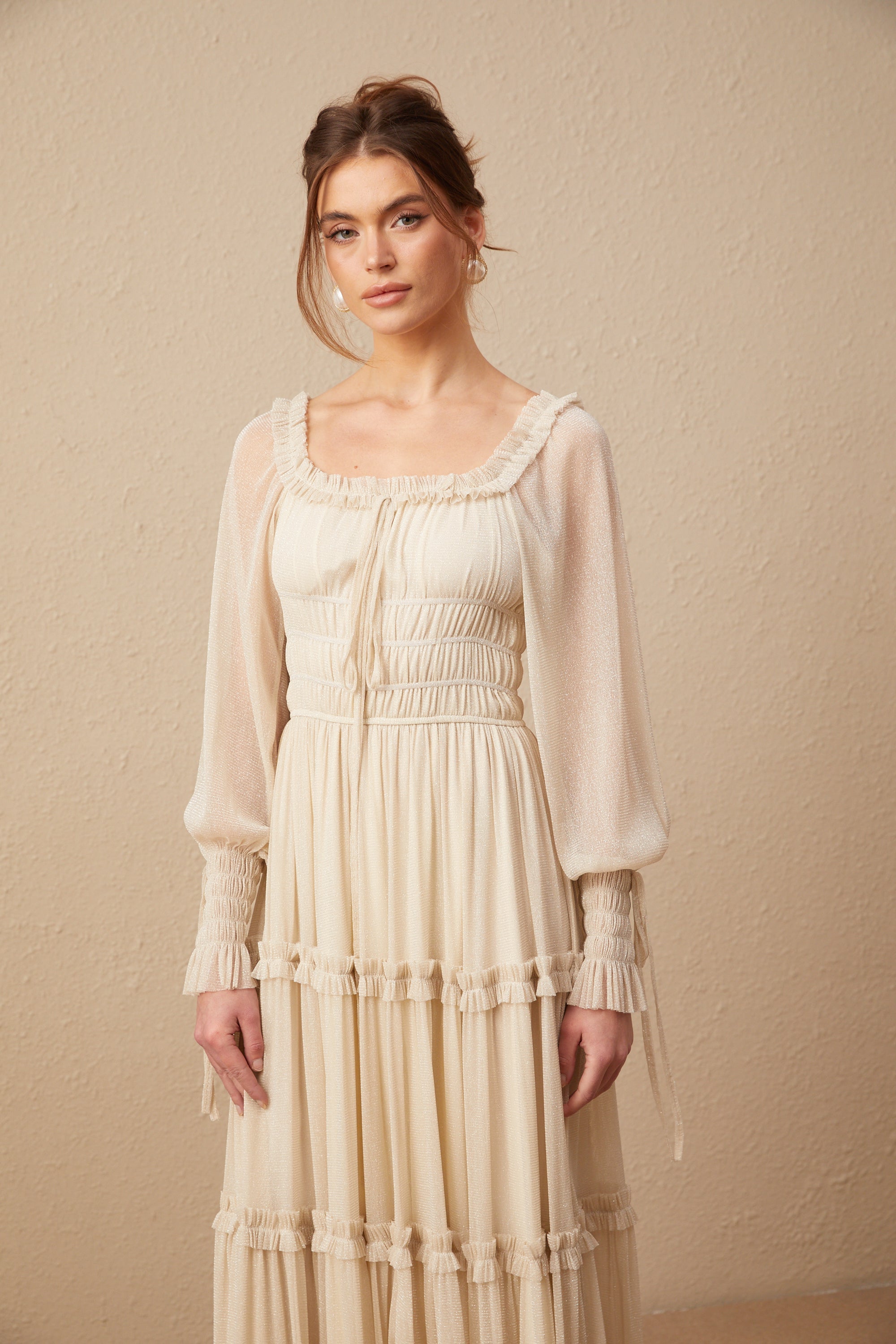 Avellia Camille Metallic Pleated Midi Dress