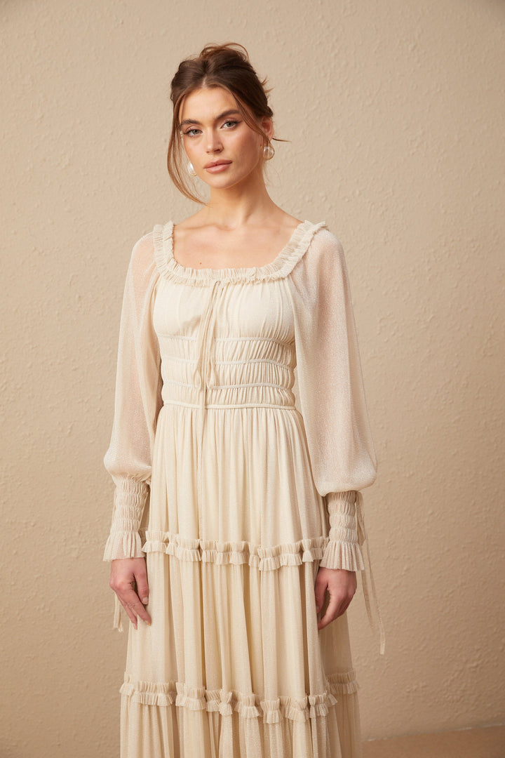 Avellia Camille Metallic Pleated Midi Dress