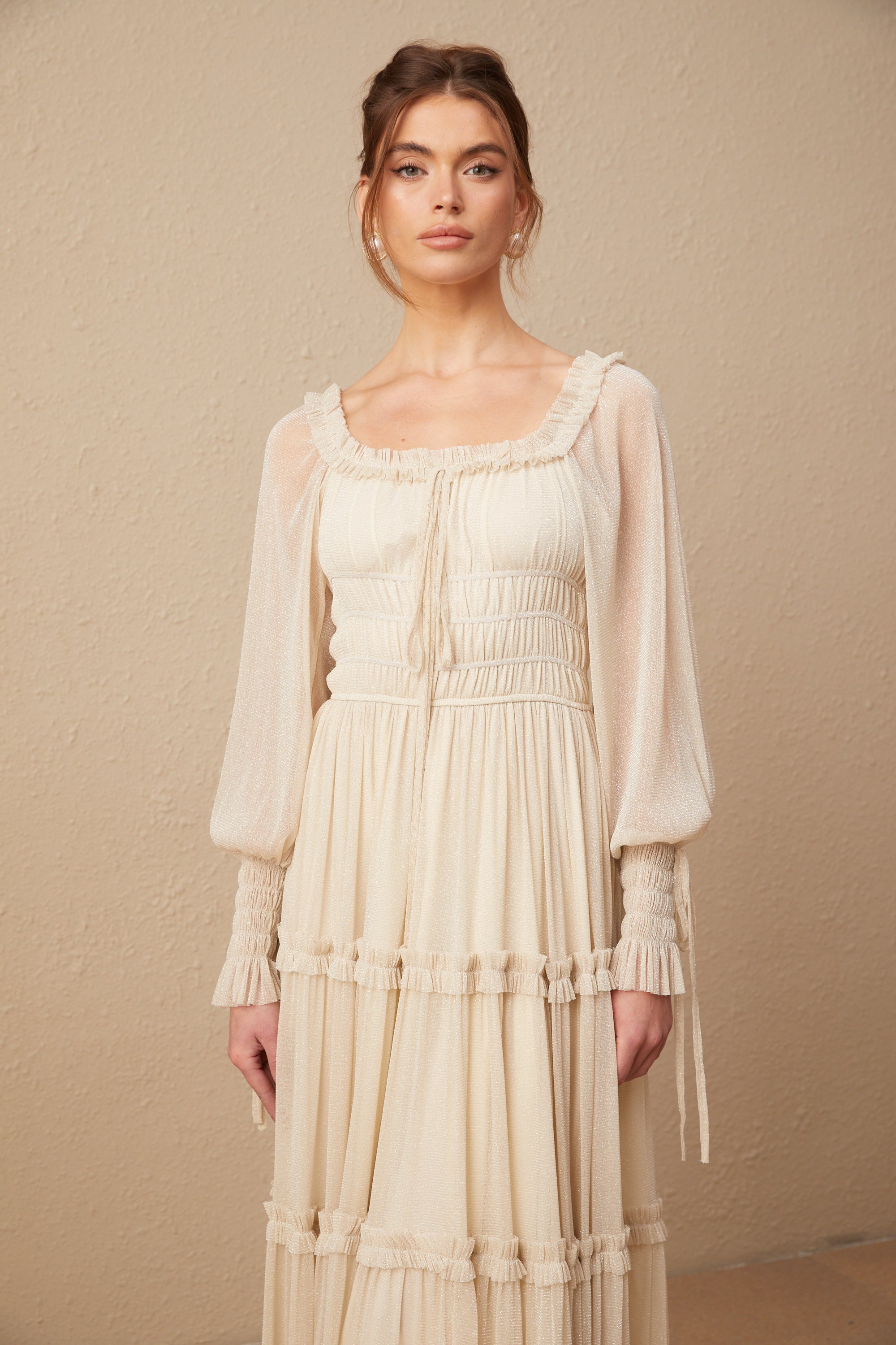 Avellia Camille Metallic Pleated Midi Dress