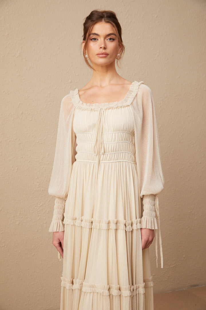 Avellia Camille Metallic Pleated Midi Dress