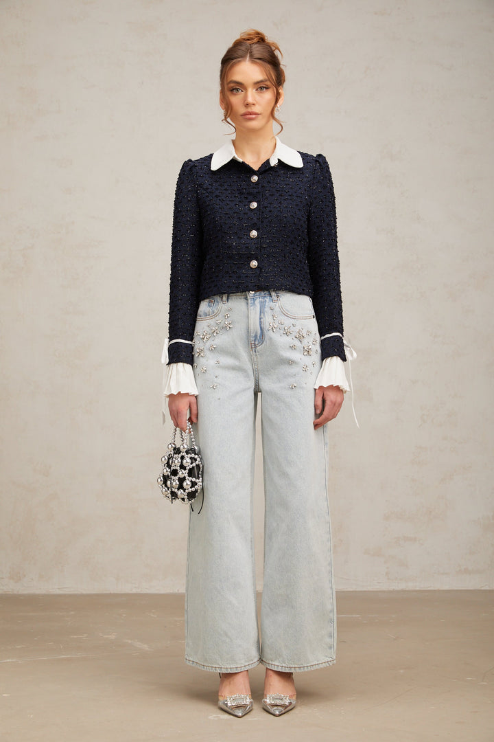 Doriane navy-blue panelled tweed jacket