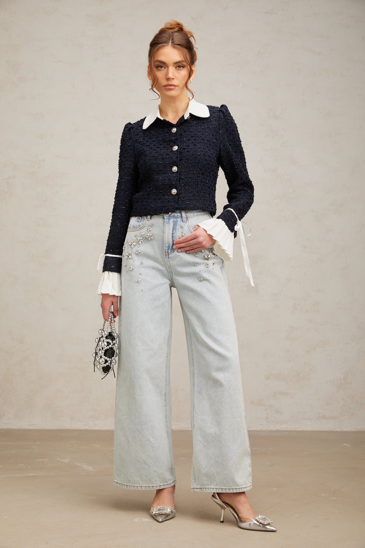 Doriane navy-blue panelled tweed jacket