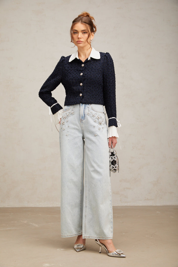 Doriane navy-blue panelled tweed jacket