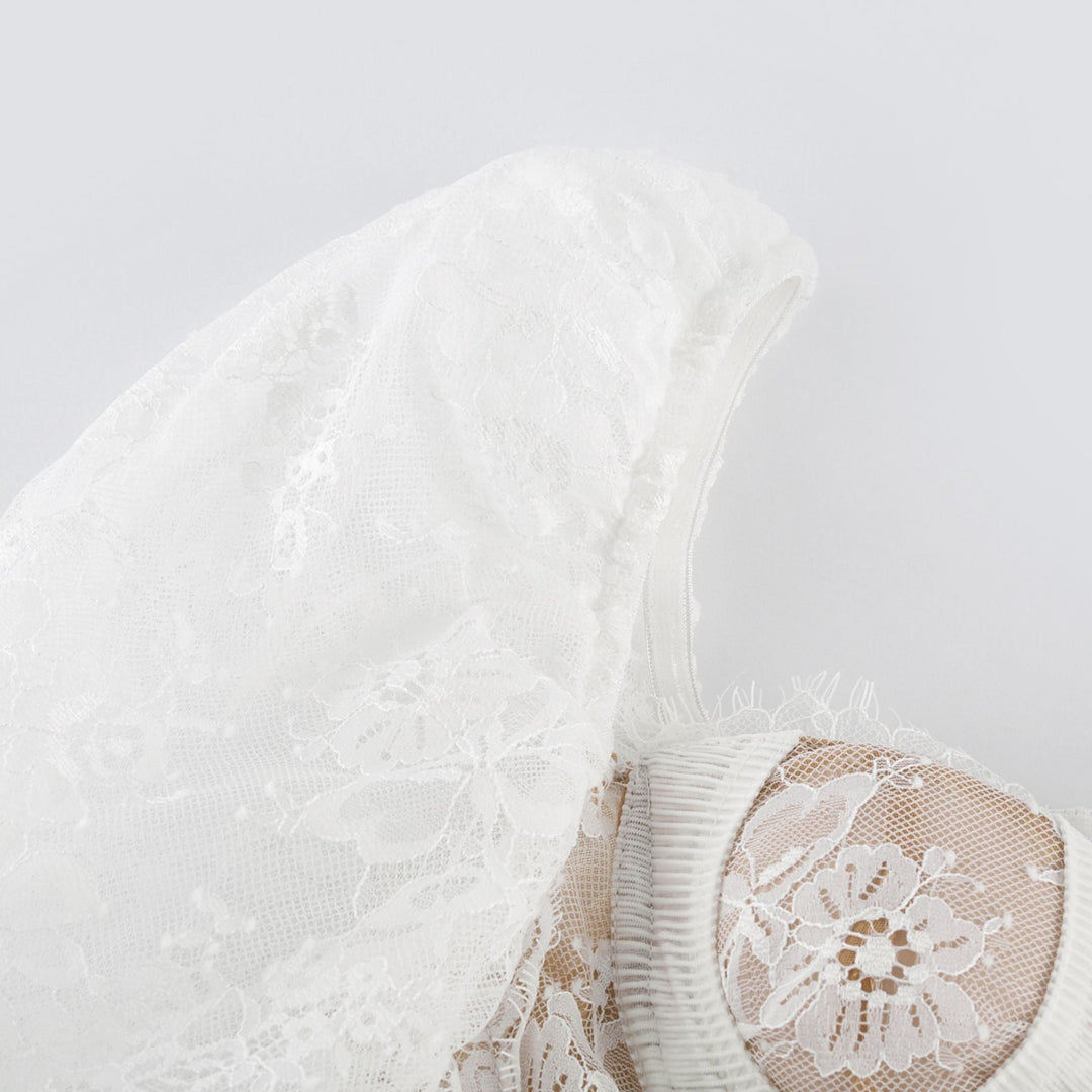 Avellia Elise Semi-Sheer Lace-Trim Mini Dress