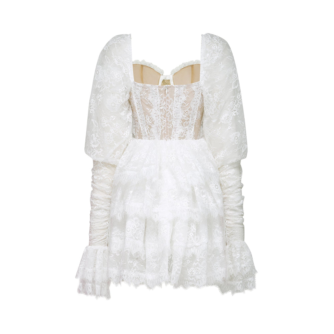 Avellia Elise Semi-Sheer Lace-Trim Mini Dress