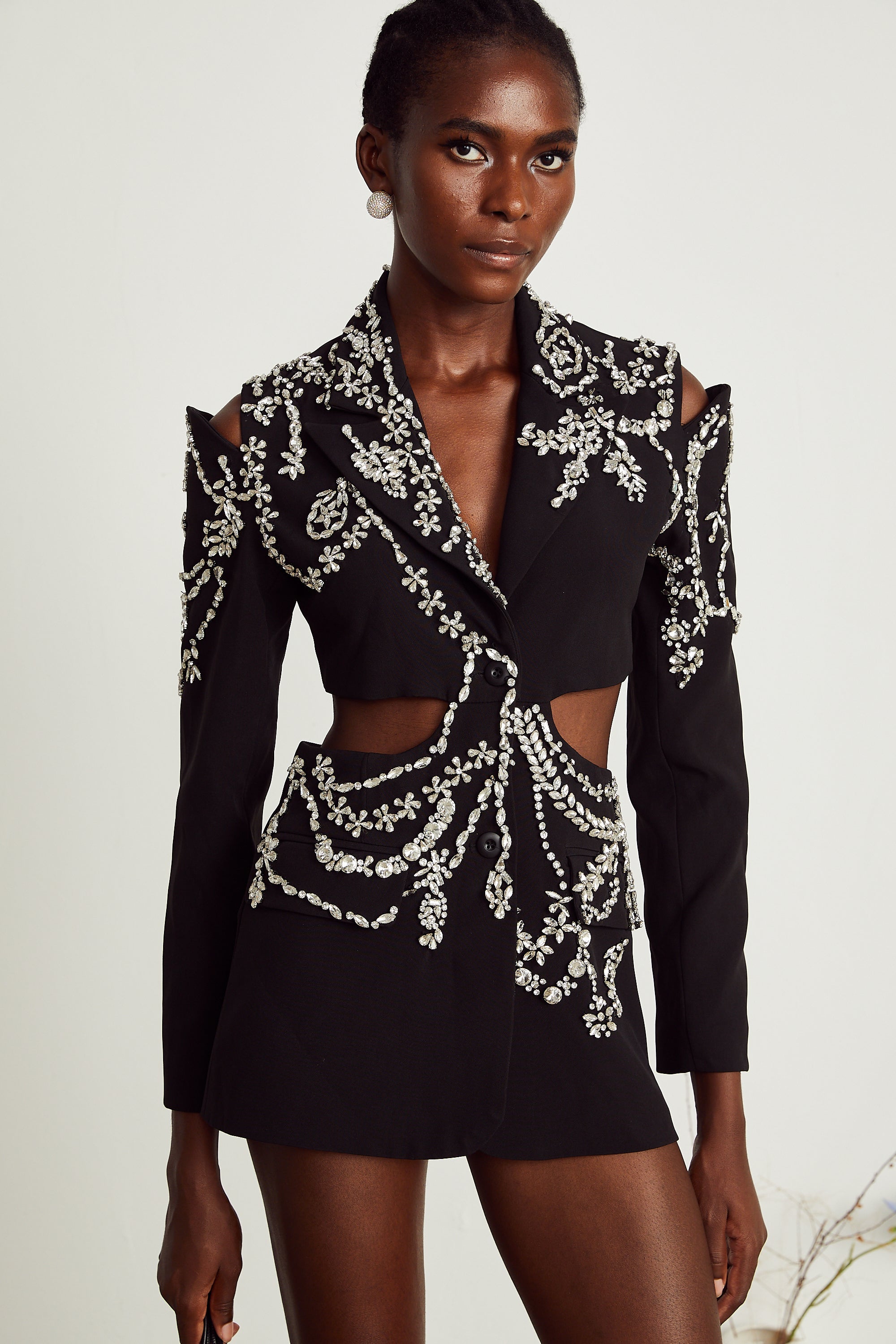 Audrey black crystal-embellished cut-out jacket