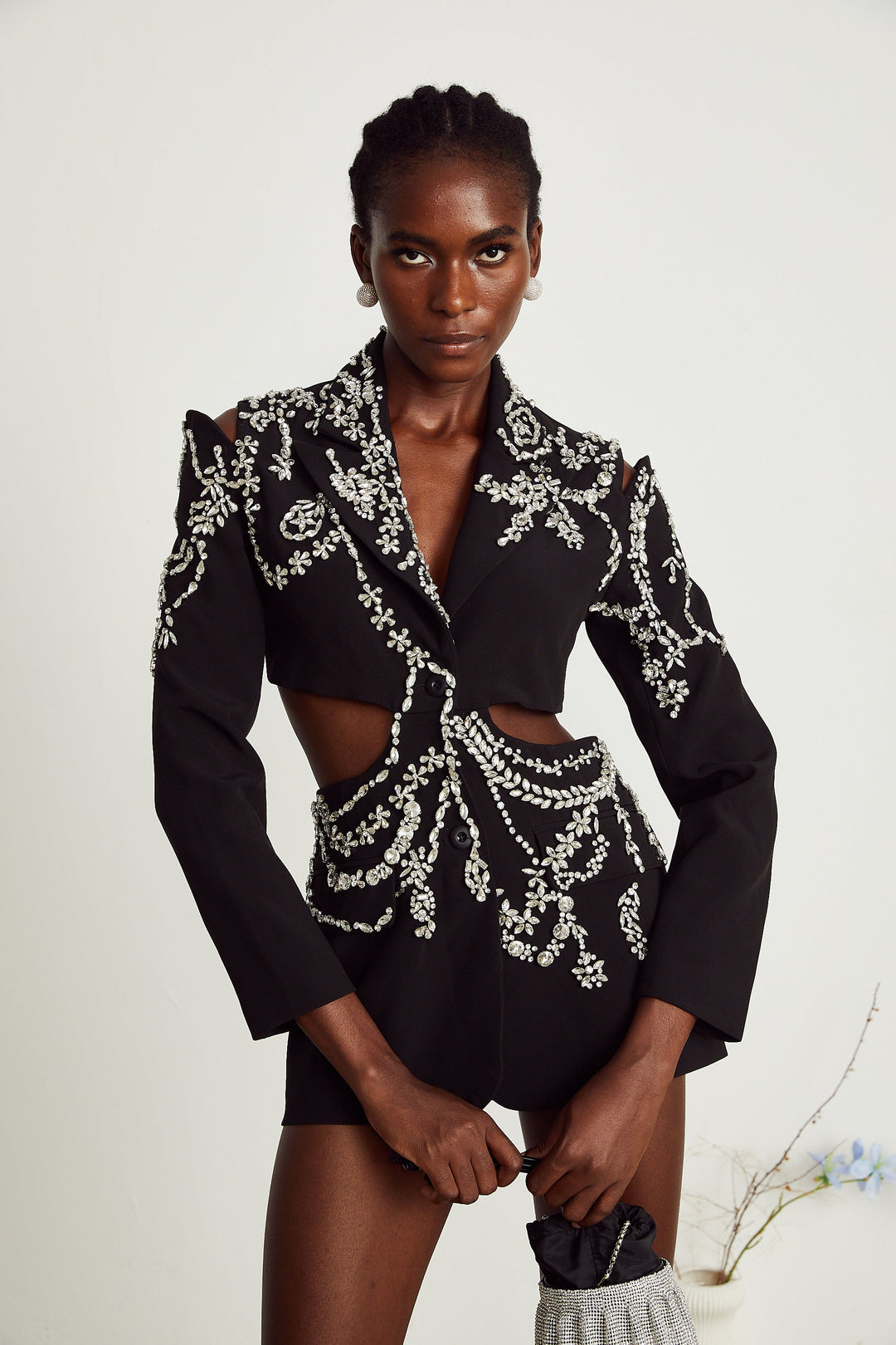 Audrey black crystal-embellished cut-out jacket