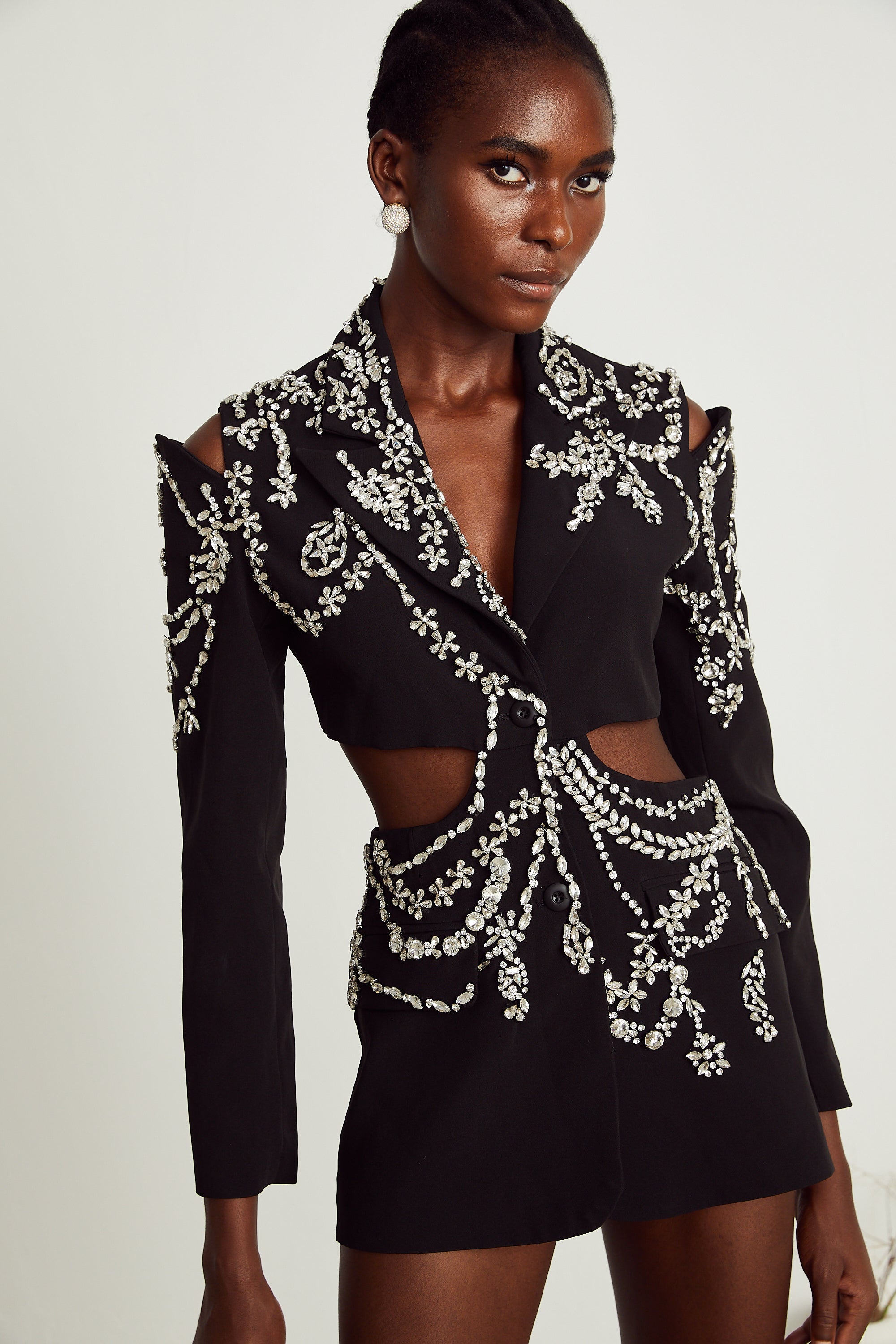Audrey black crystal-embellished cut-out jacket
