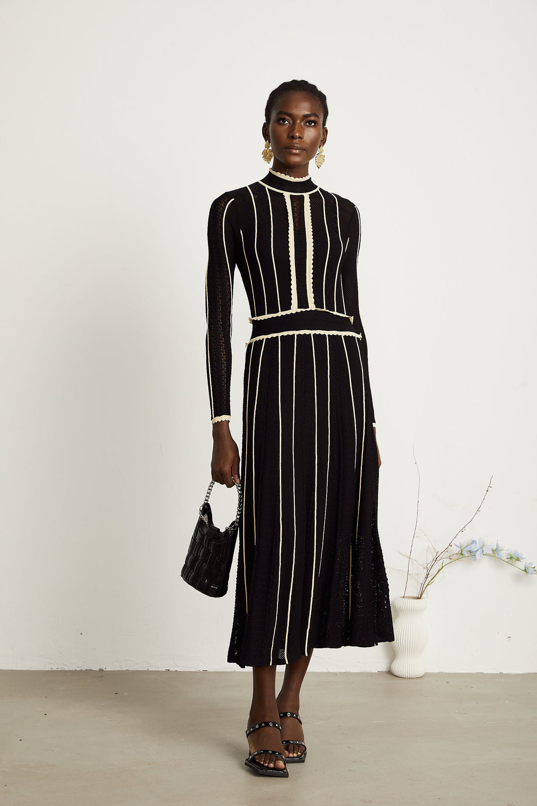 Avellia Maëlys Noir Striped Net Maxi Dress