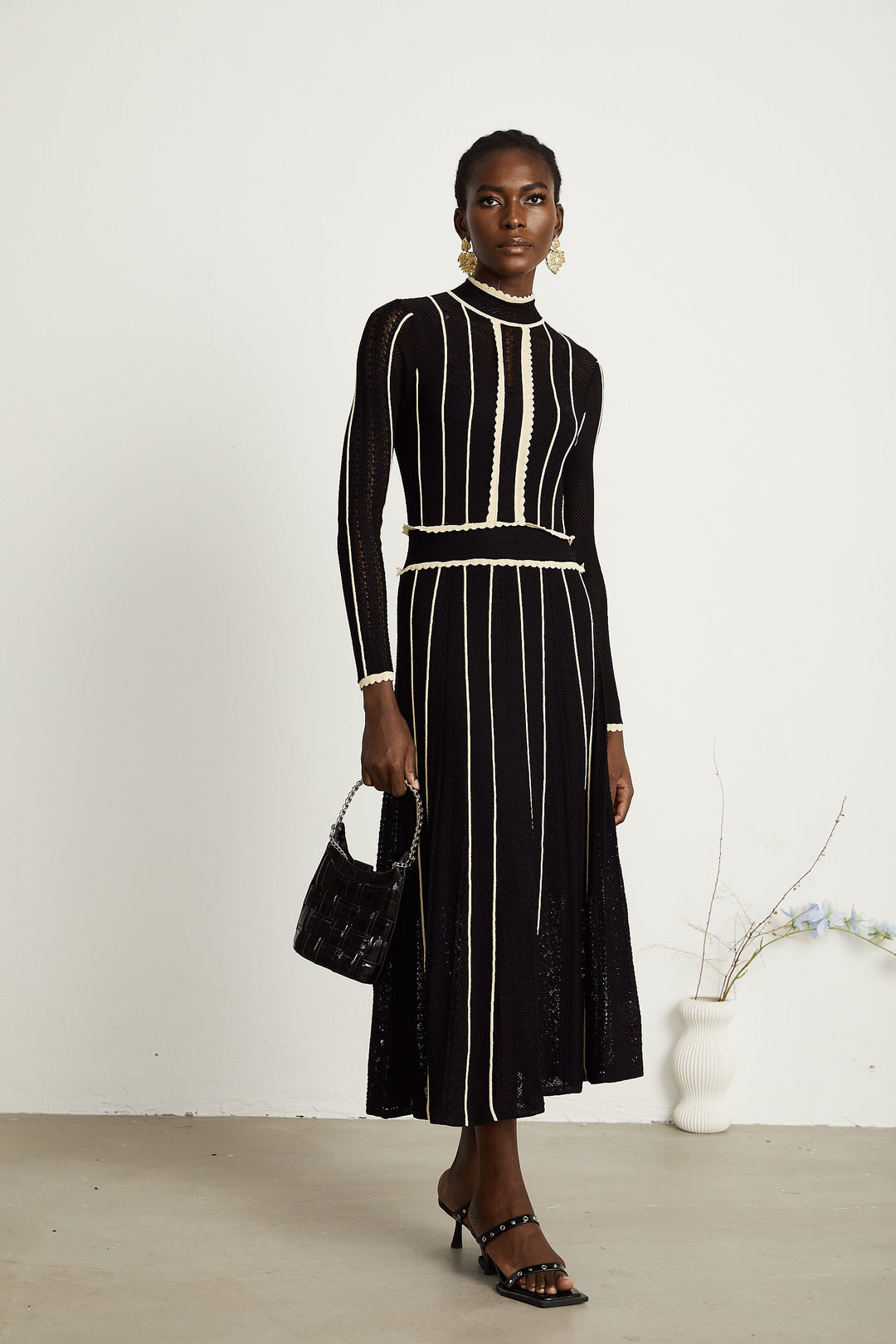 Avellia Maëlys Noir Striped Net Maxi Dress