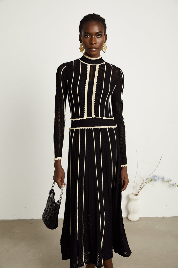 Avellia Maëlys Noir Striped Net Maxi Dress