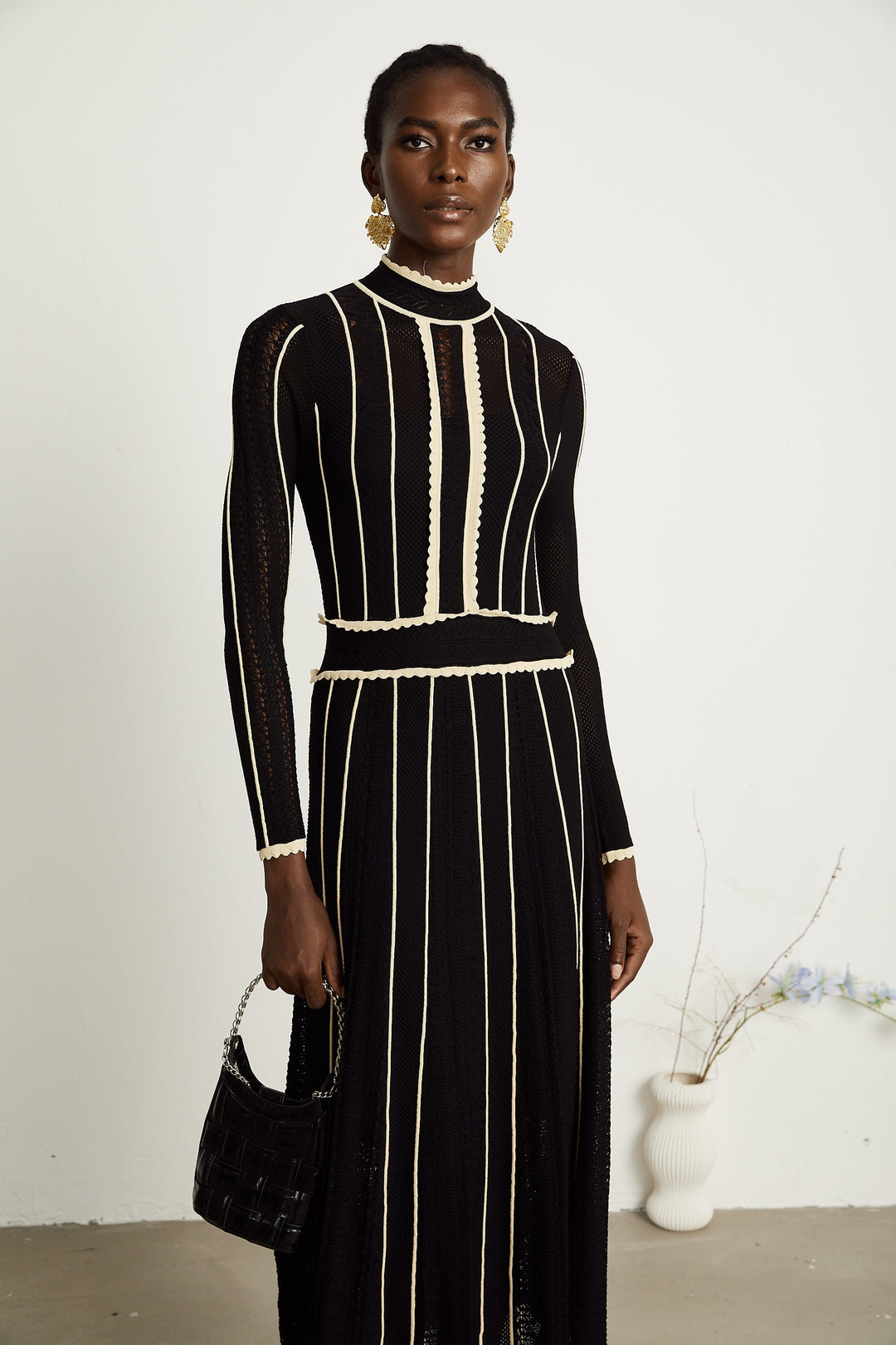 Avellia Maëlys Noir Striped Net Maxi Dress