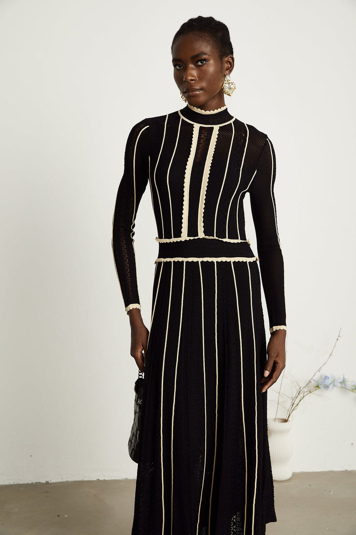 Avellia Maëlys Noir Striped Net Maxi Dress