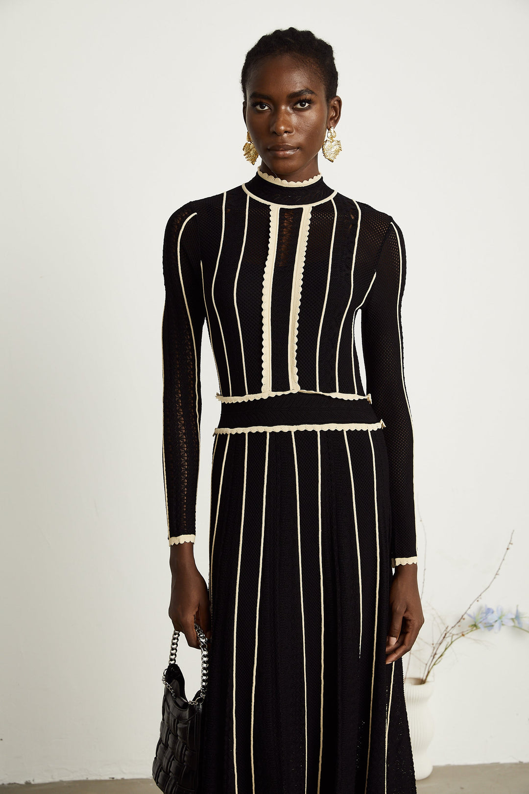 Avellia Maëlys Noir Striped Net Maxi Dress