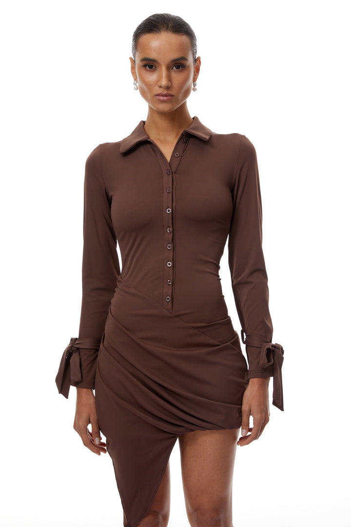Avellia Siena Brown Asymmetrical Ruched Mini Dress