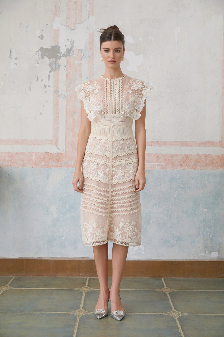 Avellia Meadow Floral-Embroidered Lace Midi Dress