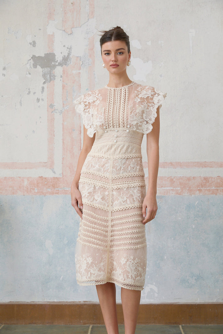 Avellia Meadow Floral-Embroidered Lace Midi Dress