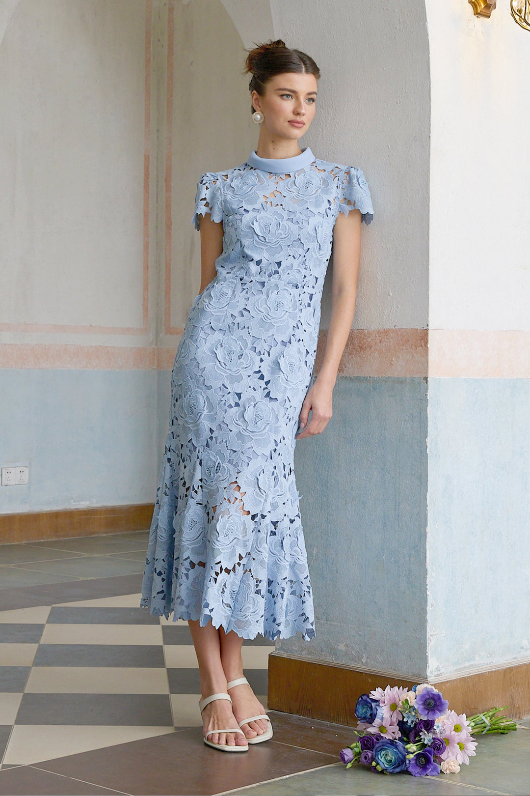 Avellia Aurore Blue Blossom Lace Midi Dress
