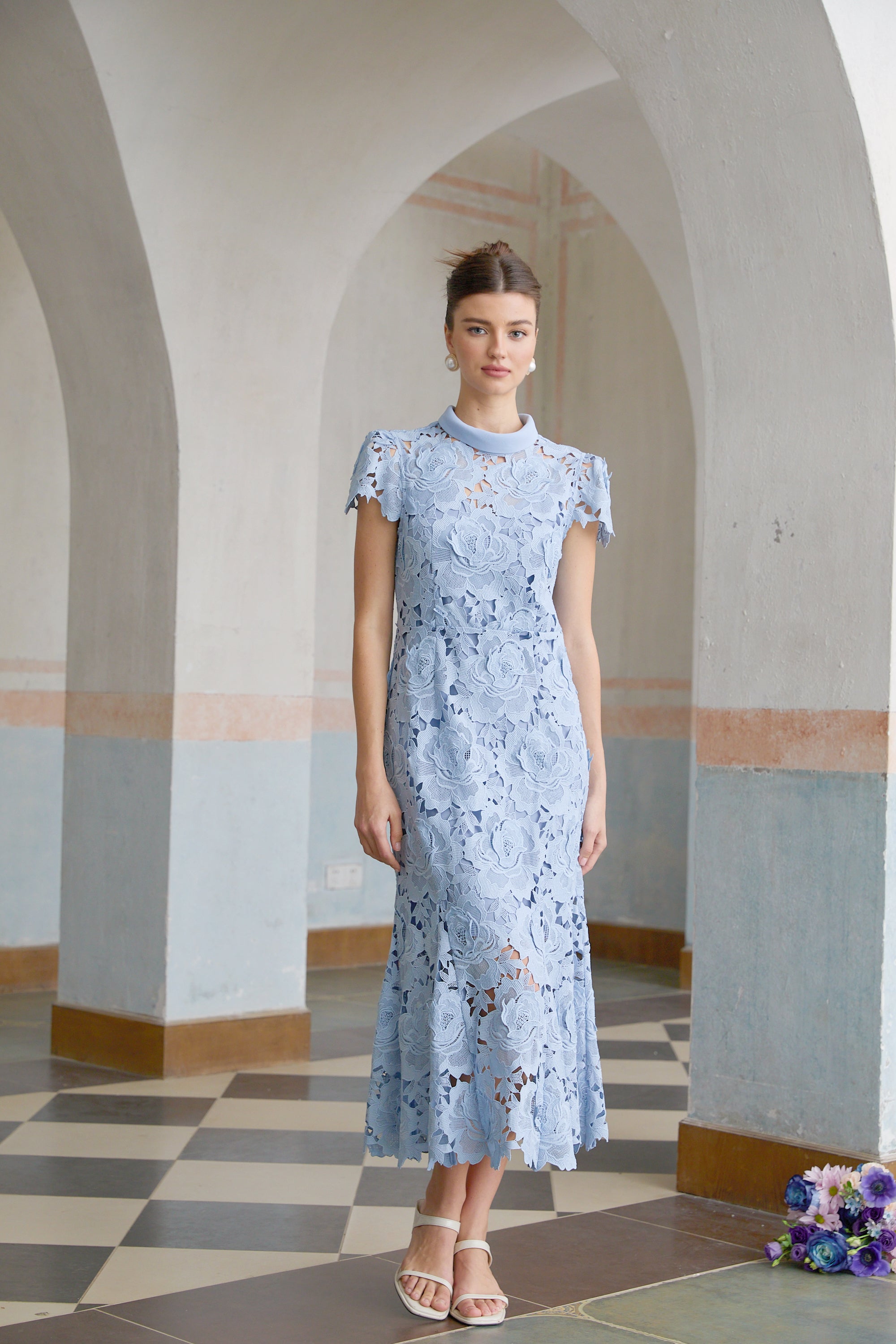 Avellia Aurore Blue Blossom Lace Midi Dress