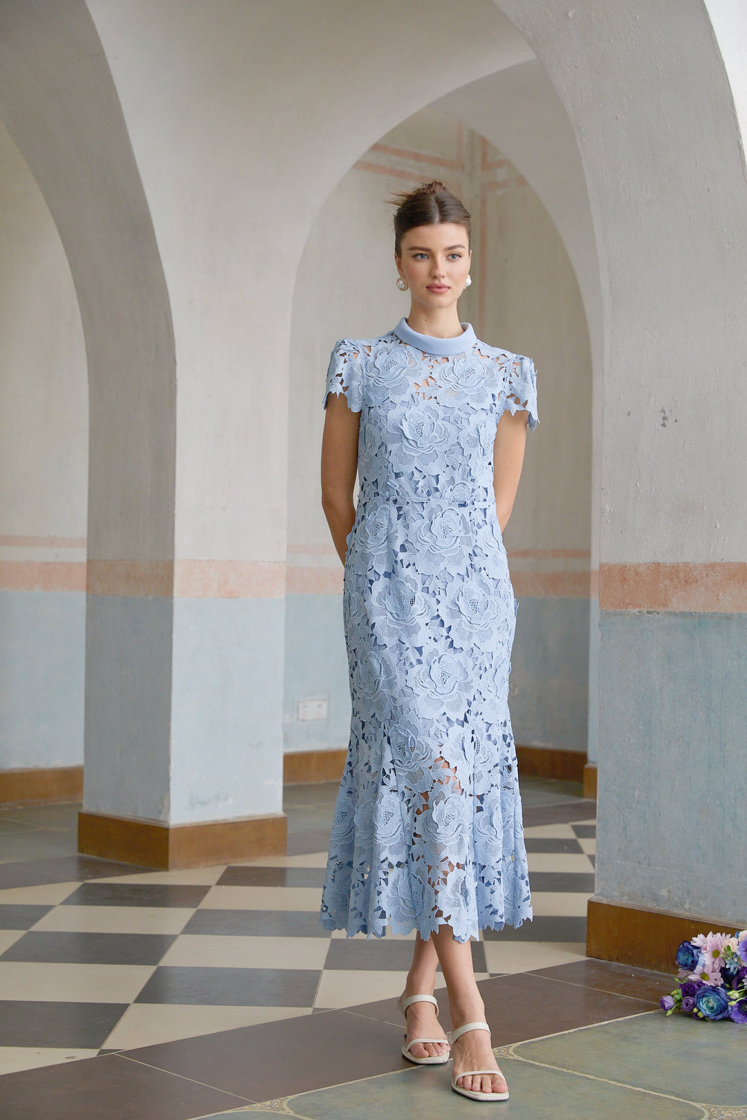 Avellia Aurore Blue Blossom Lace Midi Dress