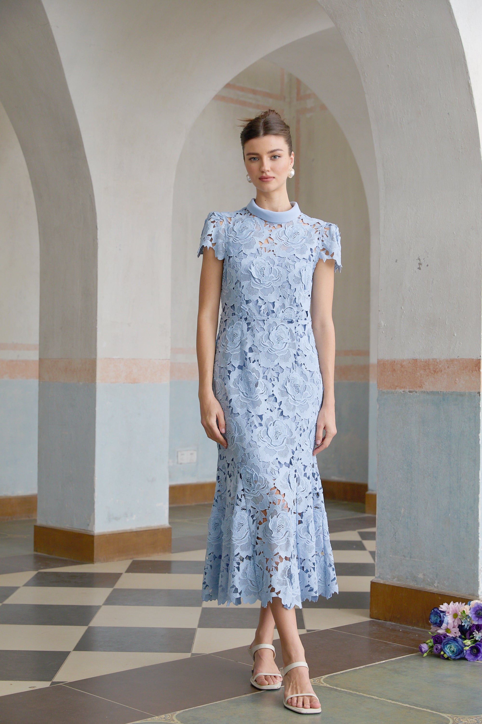 Avellia Aurore Blue Blossom Lace Midi Dress